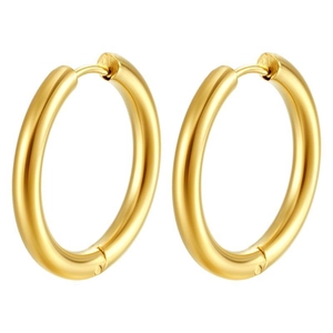 Classic gold stainless steel hoop earrings for men and women on a white background