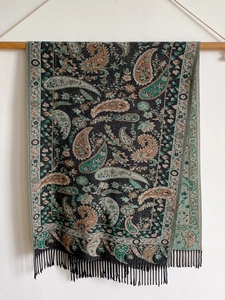 Detail of cashmere-like scarf showing intricate paisley patterns and delicate tassels