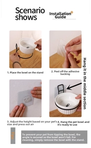 Four-step installation guide for wall-mounted ceramic pet bowl with adhesive bracket