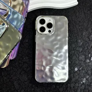 Macro detail of silver water ripple texture on iPhone case with metal camera ring