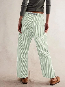 Women's green and white vertical striped wide-leg pants with a relaxed straight fit