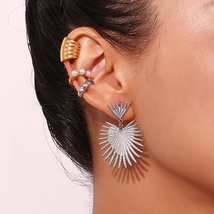 18K gold plated cactus heart earrings and pearl ear cuffs set shown on model