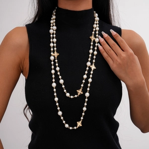 Collier Longue Künstliche Perle Double Couche Alliage Croix Fleur Pendentif Strass Vintage Élégant Chaîne De Pull Bijoux Pour Femmes