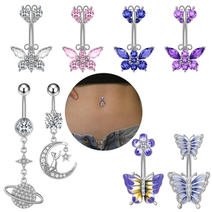 Zircon Butterfly Moon Cat Planet Belly Button Ring Enamel Copper Body Piercing Jewelry For Women