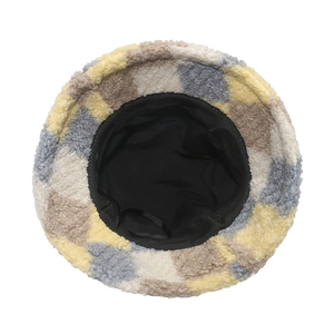 Winter fluffy checkered bucket hat with yellow and blue plaid pattern and warm lining