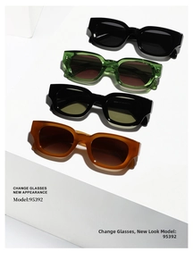 Close-up of retro cat-eye sunglasses in multiple colors on modern geometric stands