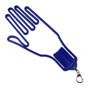 Blue palm-shaped golf glove stretcher and dryer tool with metal keychain attachment