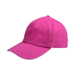 Close-up of rose pink washed cotton baseball cap with vintage frayed edges and stitching