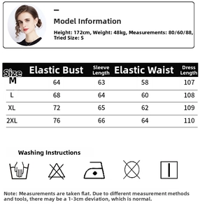 Size chart and care labels for the long sleeve knitted dress with floral mesh detailing