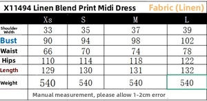 Tableau des tailles XS à L pour la robe midi fleurie en mélange de lin doux