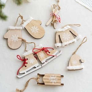Nordic wooden Christmas ornaments set with snowflake patterns and white plush trim