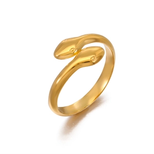Polished 18K gold plated stainless steel bypass ring featuring a double snake head design