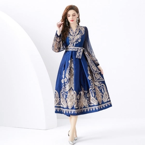 Elegant Navy Blue Paisley Print Maxi Dress V Neck Sheer Lantern Long Sleeves Tie Waist Retro Vacation Flowy