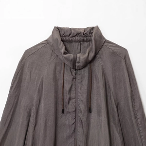Deep charcoal gray zip-up bomber jacket with a high collar and crinkled texture fabric