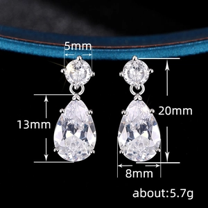 Boucles d'oreilles élégantes en zircon goutte d'eau argenté, 20x8mm pour banquets chic