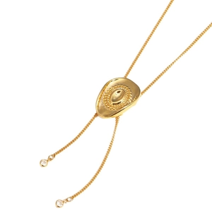 Golden cowboy hat bolo tie necklace with quilted oval pendant and adjustable crystals