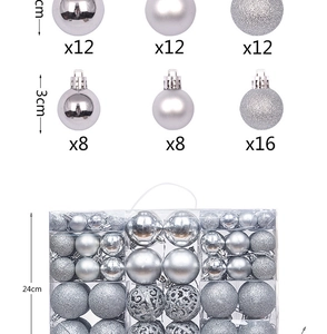 Detailed size chart for silver Christmas balls with matte, shiny, and glitter finishes