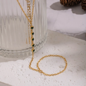 18K gold plated stainless steel hand chain with five round olive green zircons for women