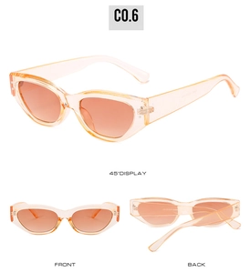 Detailed multi-angle views of retro cat eye sunglasses with transparent orange resin frames