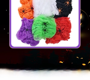 Detailed view of stretchable Halloween spider web set in six vibrant assorted colors