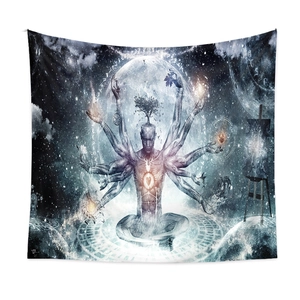 Psychedelic meditation tapestry featuring surreal multi-armed figure and cosmic art