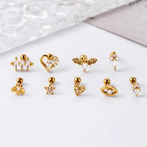 Gold stainless steel stud earrings set featuring zircon inlays and various chic shapes