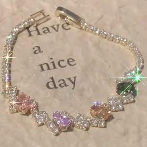 Sparkling oval zircon geometric bracelet with multicolored gemstones and silver plating