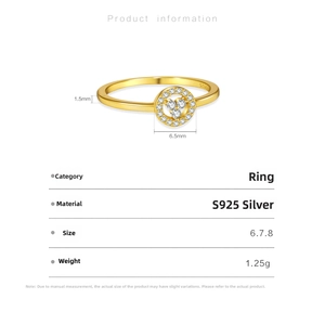 Macro shot of gold S925 sterling silver ring with 6.5mm circular micro-pave zircon detail