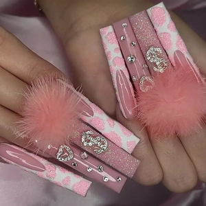 Faux Ongles à Presser Ballerine Longs Rose Pompon Guimauve Strass Coffin Doux Style Y2K Cœur Nail Art de Luxe
