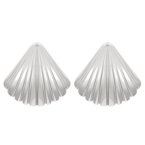 Detailed view of silver shell-shaped stud earrings with fine pleated metal texture