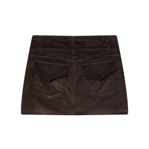 Coffee brown corduroy mini skirt featuring a stylish back view with two flap pockets