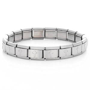 Detailed close-up of polished stainless steel elastic bracelet with cross charms
