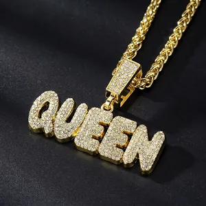 Hip hop gold plated Queen letter pendant necklace with sparkling pavé crystals and rope chain