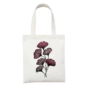 Weiße Canvas-Tragetasche mit lila Ginkgoblatt-Botanikdruck und Stoffgriffen für Damen