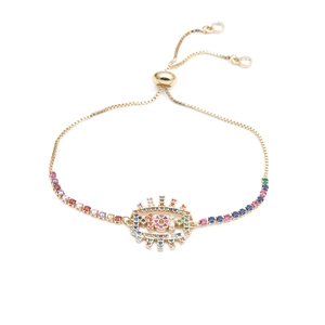 Detail of gold MOM eye bracelet with colorful cubic zirconia and adjustable chain