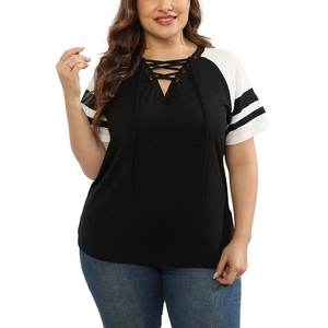 Detail of plus size V-neck T-shirt with lace-up collar and black contrast sleeves