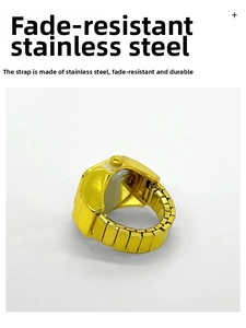 Detail view of gold finger watch showing flexible stainless steel band and durable finish
