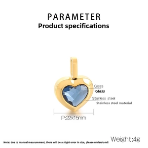 Detail of a heart-shaped gold stainless steel pendant with a faceted blue glass stone