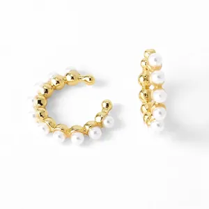 18K gold plated C-shaped ear cuffs with micro-set pearls and cubic zirconia stones
