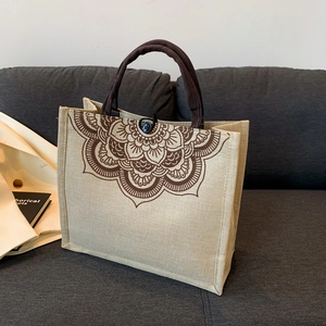 Large linen tote bag with vintage mandala print and shoulder straps for daily use