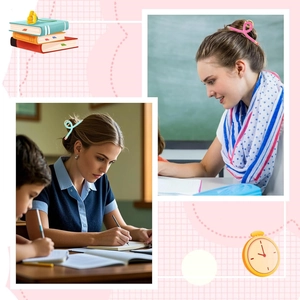 Creative pencil shaped hair claws in pink and blue worn by women in a classroom setting