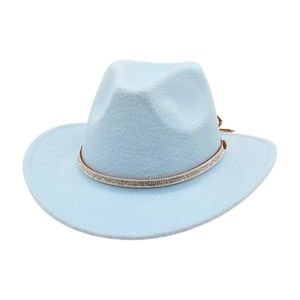 Light blue wide brim felt jazz hat featuring a sparkling rhinestone decorative band