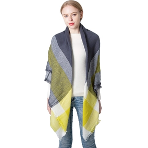Women's oversized grey and yellow plaid cashmere-feel scarf with elegant fringe detail