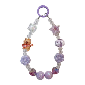 Cute handcrafted purple Capybara beaded phone strap keychain with star and flower charms