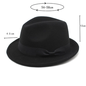 Detailed size chart of black wool jazz fedora with ribbon bow and 4.5cm rolled brim