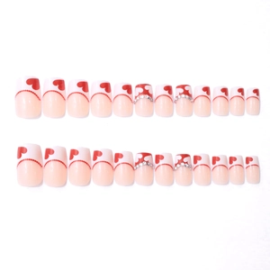Short square press-on nails with red heart designs and French pink base 24pcs set
