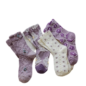 Vintage floral embossed crew socks in purple and cream shades with 3D embroidery detail