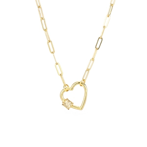 Golden paperclip chain necklace with micro-paved zircon heart carabiner pendant