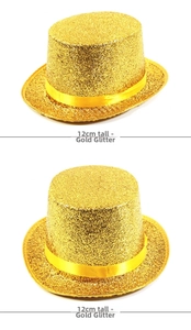 Detail of 12cm gold tinsel top hat featuring a yellow satin ribbon trim on white backdrop