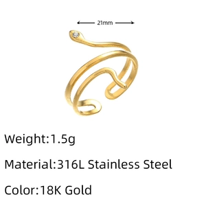 Detail of 316L stainless steel snake ring with 18K gold finish and cubic zirconia stone